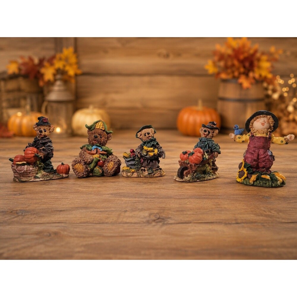 Set of 5 Fall Harvest Resin Bear & Scarecrow Figurines Thanksgiving Décor 3–5”